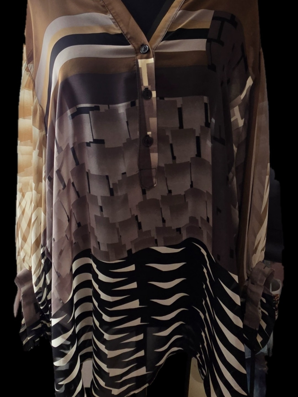 Joseph Ribkoff Brown and Black Abstract Print V-Neck Blouse